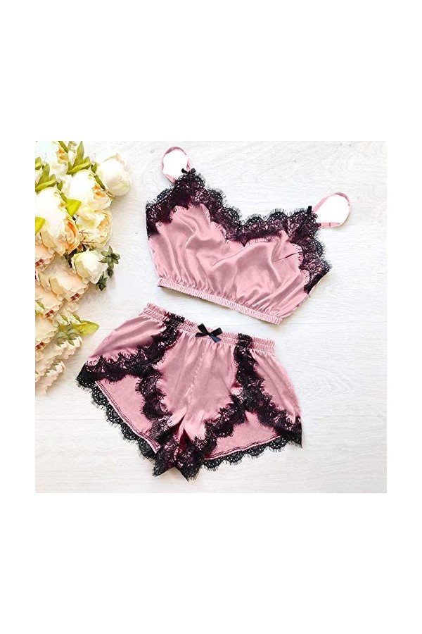 liaddkv Ensemble Femme Col V Dentelle Nourriture Cils Sexy Lingerie Enseignante, Rose, XXXL