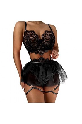 liaddkv Sous-vêtement 3 pièces sexy en dentelle pour femme, Noir , L