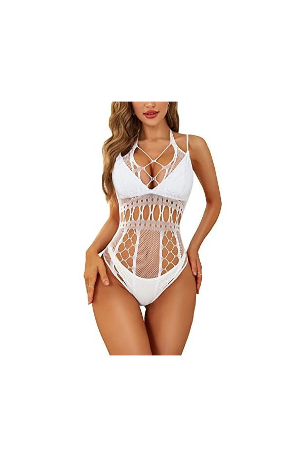 RSLOVE Lingerie Sexy pour Femmes Bodysuit en Résille Fishnet Mesh avec Bretelles Halter Taille Unique Rose fluorescen
