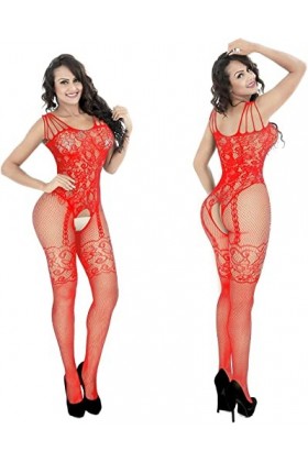 Czizitong Plus Taille Fishnet Bodystocking Lingerie Sheer Body Stockings Nightwear pour femmes Rouge 