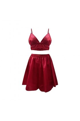 BOTCAM Jupe à bretelles sexy en 3 pièces avec structure en soie et manches longues pour la maison, rouge, S