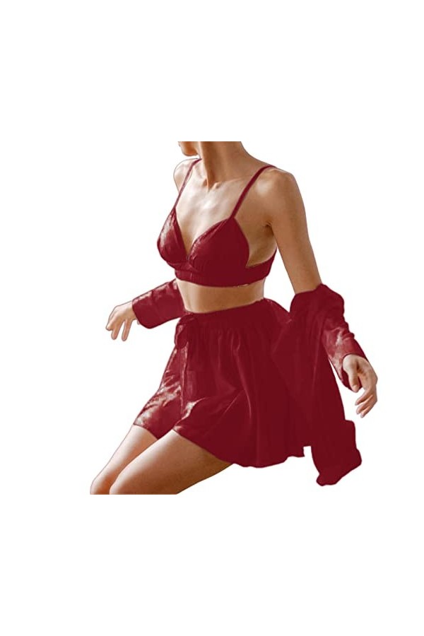 BOTCAM Jupe à bretelles sexy en 3 pièces avec structure en soie et manches longues pour la maison, rouge, S