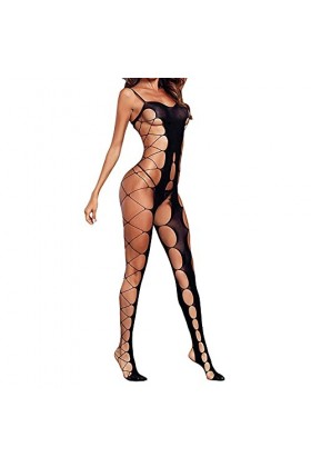 MYAOU Bodystocking Femme sans Manche Bodysuit Déchiré Ouvert Entrejambe Décolleté Costume Sado MASO Babydoll Extensible Jeux 