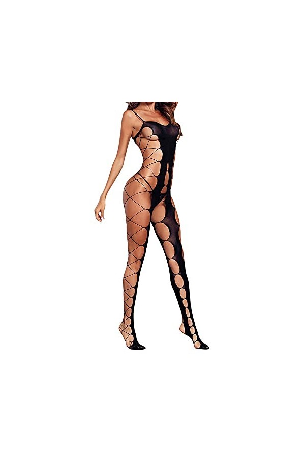 MYAOU Bodystocking Femme sans Manche Bodysuit Déchiré Ouvert Entrejambe Décolleté Costume Sado MASO Babydoll Extensible Jeux