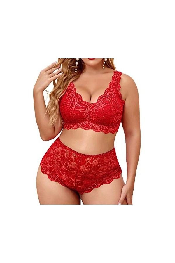 XIUH Ensemble de lingerie 2 pièces pour femme - Soutien-gorge à lanières et sous-vêtements sexy, rouge, XXXL