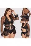 Femmes Sexy Plus Taille Cils Dentelle Trim Robe + Ceinture Pyjamas Sous-Vêtements Sexy Body Noir, Noir , M