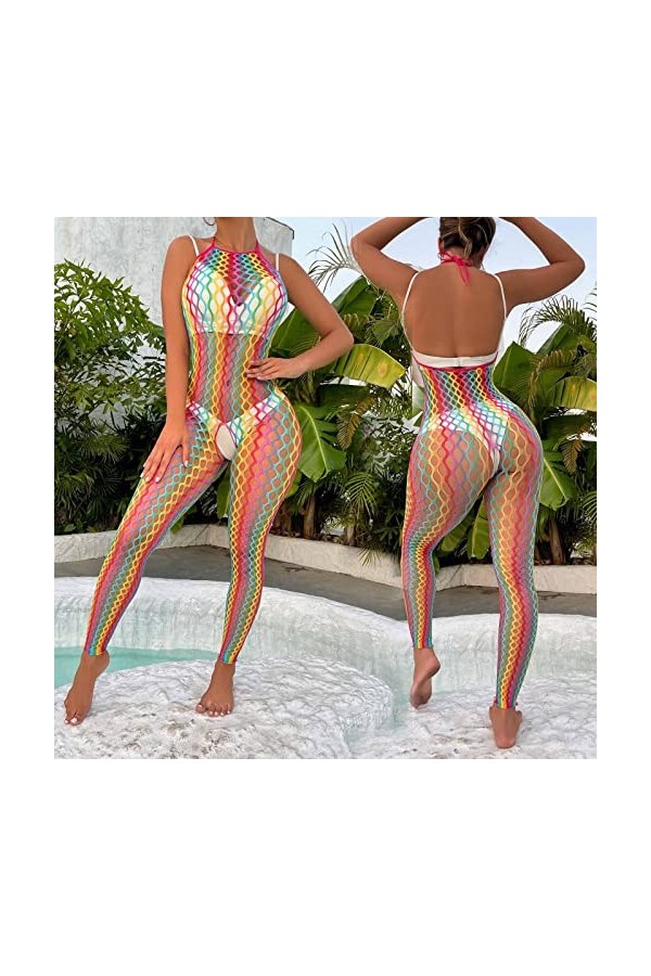 Femmes Ensemble De Lingerie Sexy Arc-en-Ciel Net Combinaison Ouverte Sexy Bodyshing Filet Tenue Coquine Ensemble Sexy ÉRotiqu