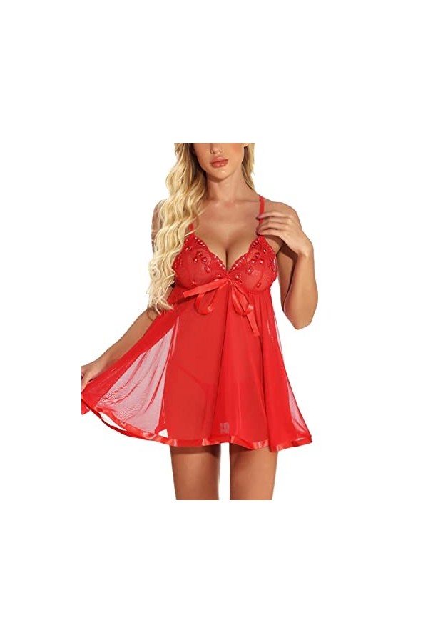 JozAdy Ensemble de lingerie sexy en dentelle pour femme, nuisette avec string grande taille, Rouge, Small