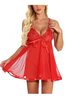 JozAdy Ensemble de lingerie sexy en dentelle pour femme, nuisette avec string grande taille, Rouge, Small
