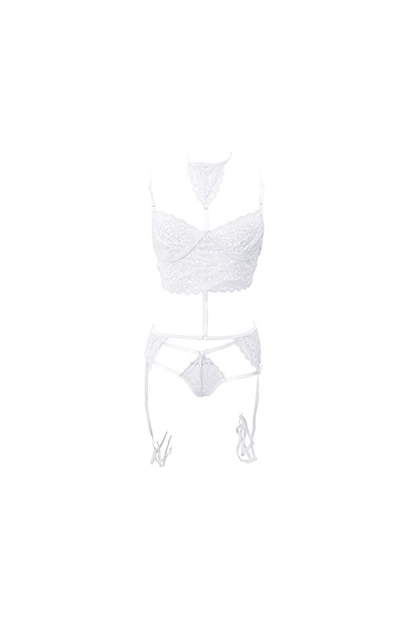 liaddkv Lingerie sexy pour femme - Dos nu - Dentelle - Lingerie creuse - Ensemble de trois pièces - String ouvert, Blanc., L