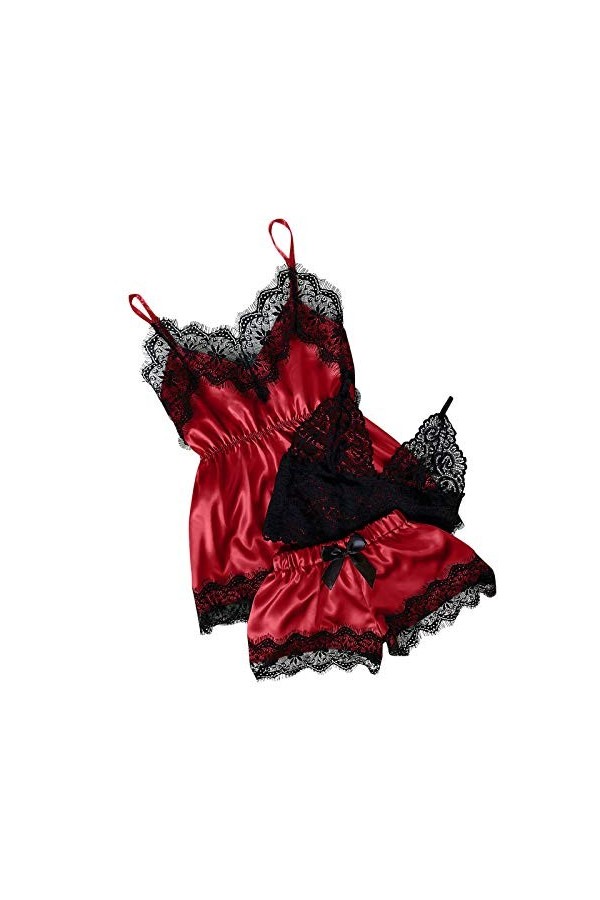 liaddkv Femmes Col V Cils Dentelle Sexy Tache Camisole Pyjama Bowknot Short Shot Set Lingerie S, rouge, XXL