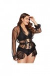 Femmes Sexy Plus Taille Cils Dentelle Trim Robe + Ceinture Pyjamas Sous-Vêtements Sexy Body Noir, Noir , XXL