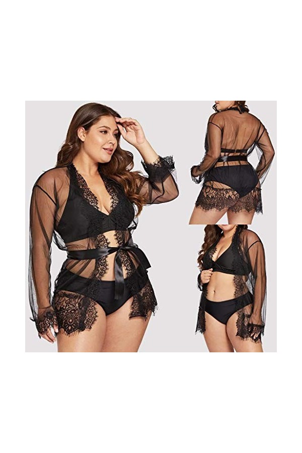 Femmes Sexy Plus Taille Cils Dentelle Trim Robe + Ceinture Pyjamas Sous-Vêtements Sexy Body Noir, Noir , XXL