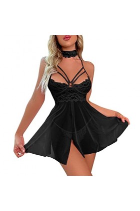 QWUVEDS Femmes Sexy Lingerie Bretelles Licou Cou Chemise de Nuit Sexy Dos Maison vêtements sous-vêtements Combinaison Dentell