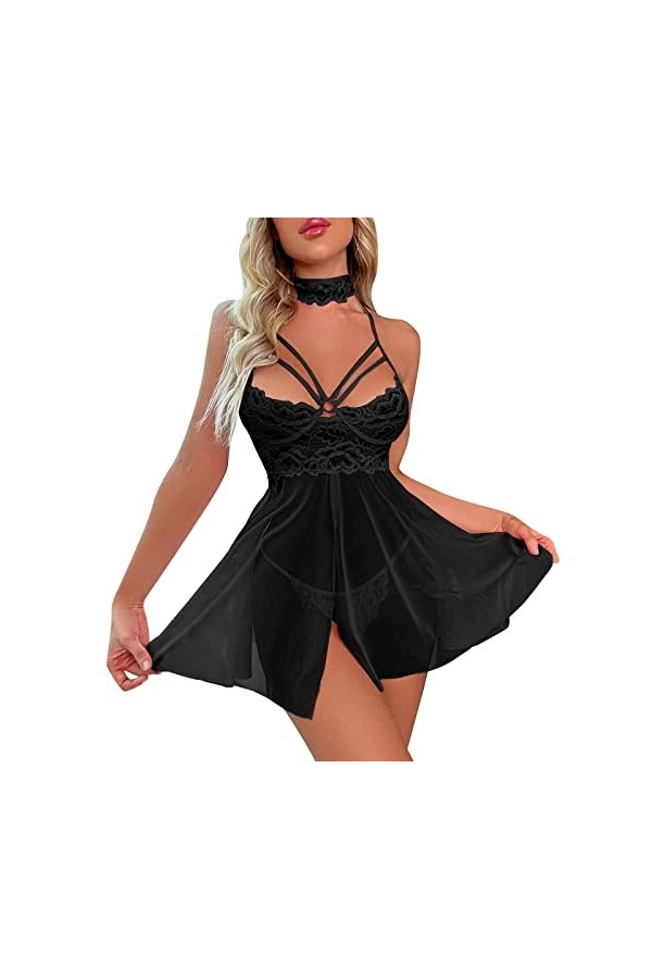 QWUVEDS Femmes Sexy Lingerie Bretelles Licou Cou Chemise de Nuit Sexy Dos Maison vêtements sous-vêtements Combinaison Dentell