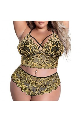 IQYU Ensemble de lingerie sexy pour femme avec anneaux et string rouge, jaune, XXL