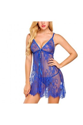 LDadgf Sous-vêtements pour femme sexy dentelle cils vêtements de nuit robe de nuit ouverte poitrine, bleu, S