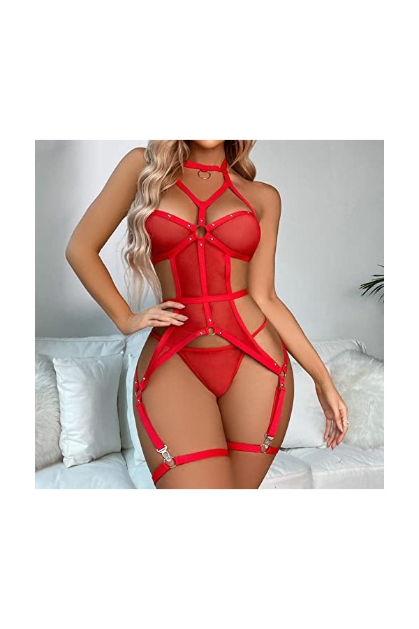Ensemble de lingerie sexy pour femme - 3 pièces - Sous-vêtements - Lingerie sexy - Avec anneau en acier - Grandes tailles, ro