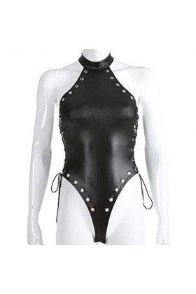Body Femme Sexy Rivet Combinaison Une PièCe Teddy Lingerie Femme Maillot De Bain Halter Dos Nu en Cuir Verni Rivet Cuir Verni