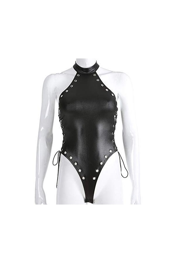 Body Femme Sexy Rivet Combinaison Une PièCe Teddy Lingerie Femme Maillot De Bain Halter Dos Nu en Cuir Verni Rivet Cuir Verni
