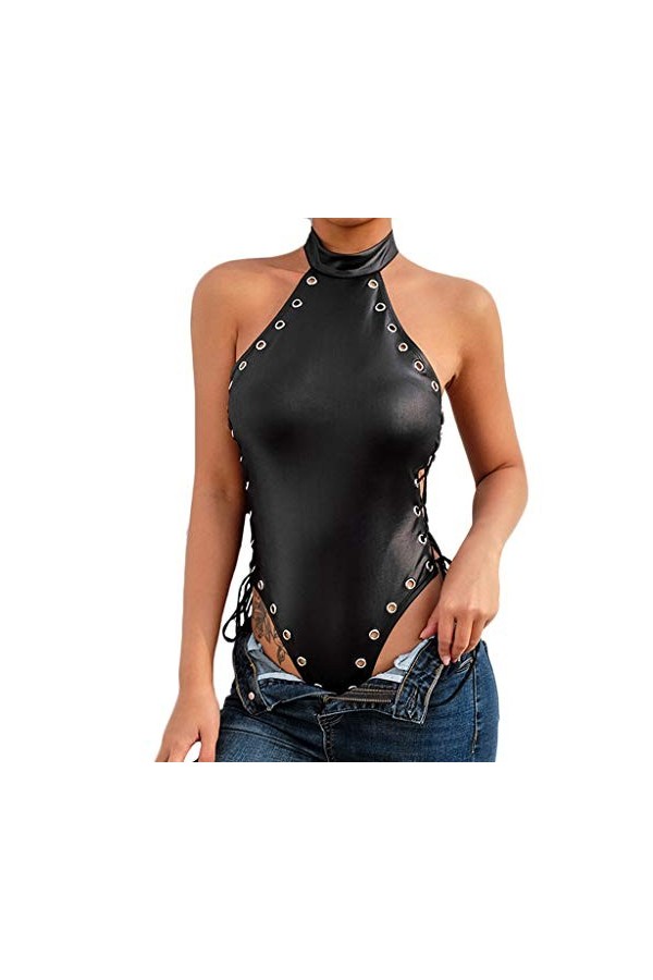 Body Femme Sexy Rivet Combinaison Une PièCe Teddy Lingerie Femme Maillot De Bain Halter Dos Nu en Cuir Verni Rivet Cuir Verni