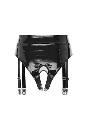 Freebily Femme Bas Porte-Jarretelle G-String Culotte Transparent Dentelle Simili Cuir Brillant Jarretière Ajustable Bas Linge