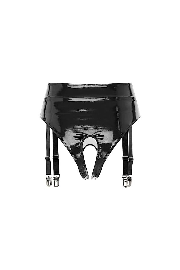 Freebily Femme Bas Porte-Jarretelle G-String Culotte Transparent Dentelle Simili Cuir Brillant Jarretière Ajustable Bas Linge