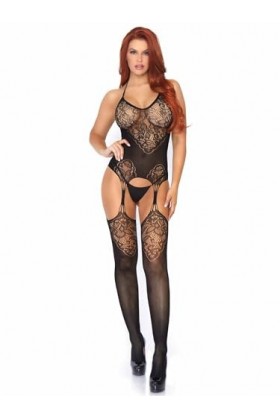 Leg Avenue 89175 One Size 6 to 12 Black Seamless Lace Jacquard Net Suspender Halter Bodystocking