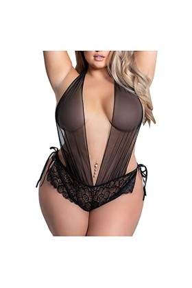 Femmes Pièces Un Corset Fille Sous-vêtements Pyjama Lingerie Ouvert Entrejambe, Noir , 5X-Large