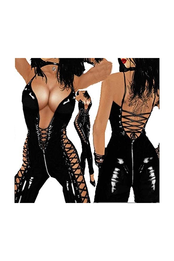 FASZFSAF Costume Clubwear Sexy pour Femmes, Combinaison DiscothèQue sans Manches Zip Combinaison Lingerie Latex Combinaison C