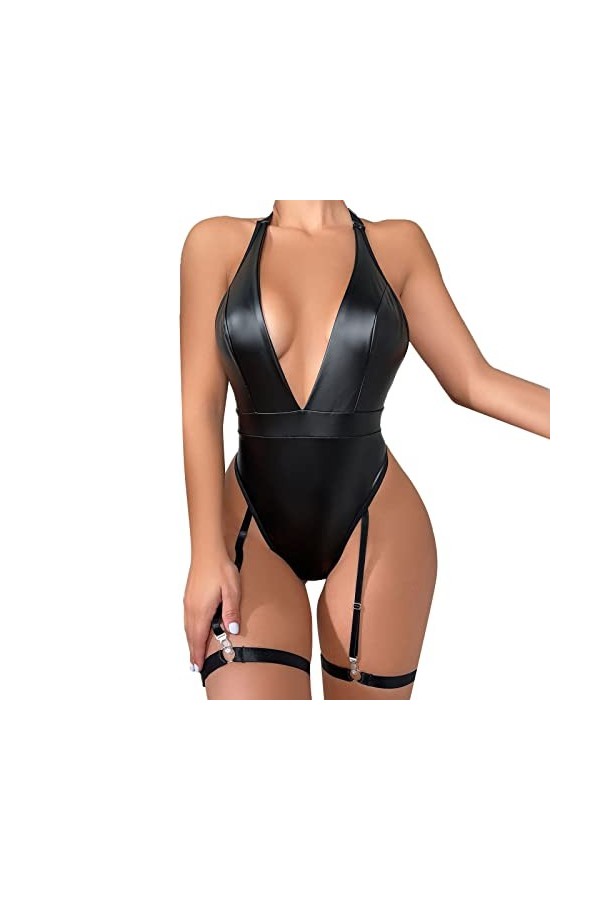 Générique iYmitz Lingerie pour Femmes 1 PC Cuir Teddy Body Lingerie Sexy découpe épaules dénudées Joint PU à Lacets jarretièr