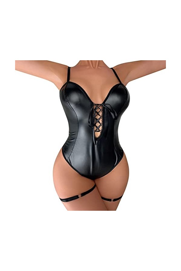 Nuisette Femme Sexy Hot Combinaison Moulante en Maille élastique pour Femme Voir à Travers Le Cou Halter Couleur contrastée C