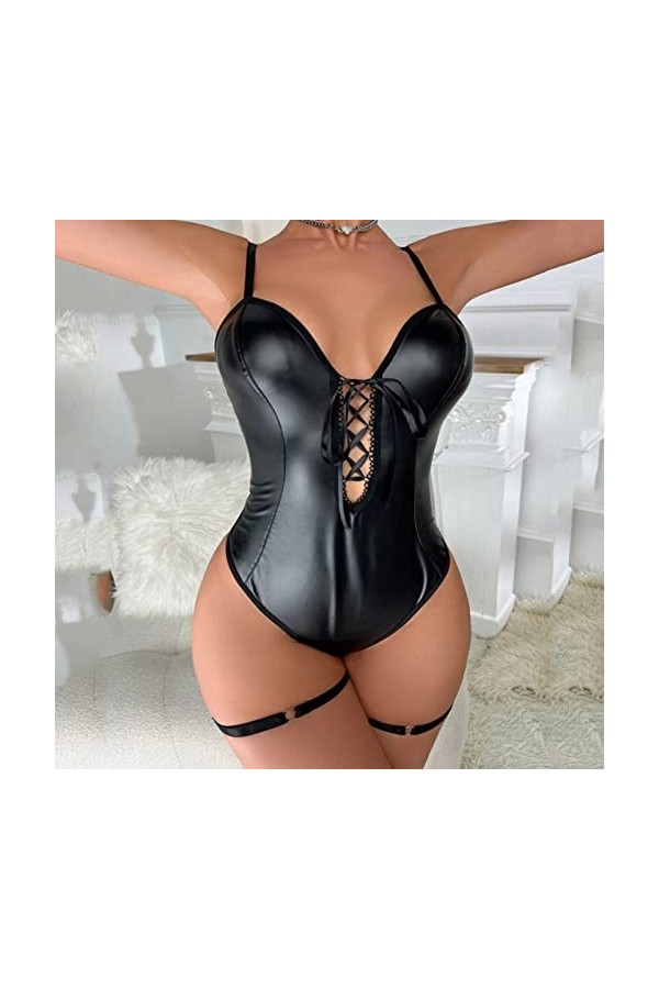 Nuisette Femme Sexy Hot Combinaison Moulante en Maille élastique pour Femme Voir à Travers Le Cou Halter Couleur contrastée C
