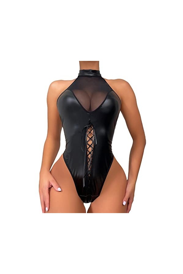 Générique iYmitz Lingerie pour Femmes 1 PC Cuir Teddy Body Lingerie Sexy découpe épaules dénudées Joint PU à Lacets jarretièr