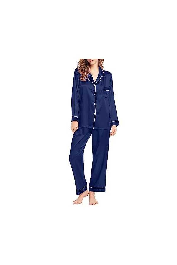 Ensemble de Pyjama Femme 2 Pièce Pyjama Satin De Soie avec Poches Manche Longue Classique Vetements de Nuit V-Neck Top Bouton