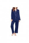 Ensemble de Pyjama Femme 2 Pièce Pyjama Satin De Soie avec Poches Manche Longue Classique Vetements de Nuit V-Neck Top Bouton
