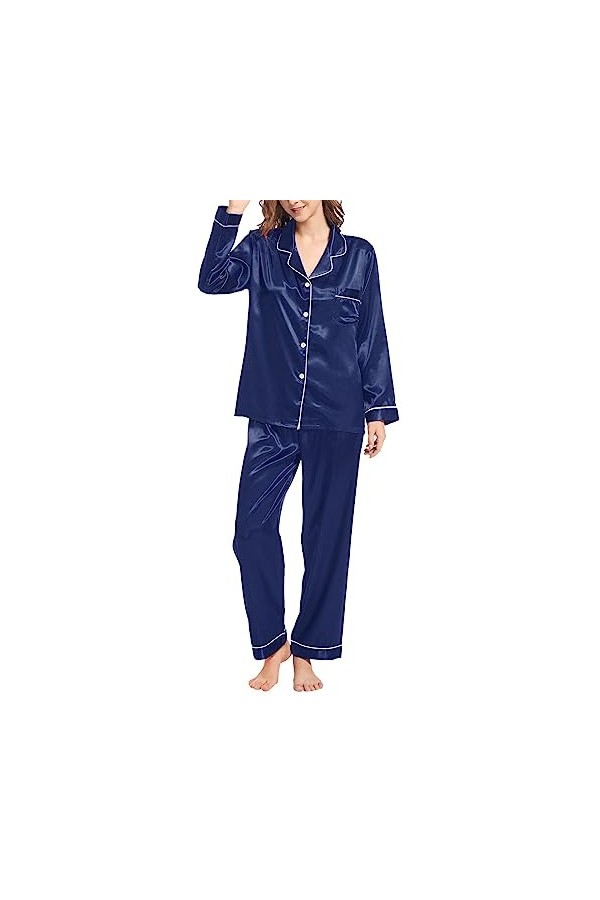 Ensemble de Pyjama Femme 2 Pièce Pyjama Satin De Soie avec Poches Manche Longue Classique Vetements de Nuit V-Neck Top Bouton