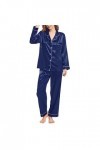 Ensemble de Pyjama Femme 2 Pièce Pyjama Satin De Soie avec Poches Manche Longue Classique Vetements de Nuit V-Neck Top Bouton