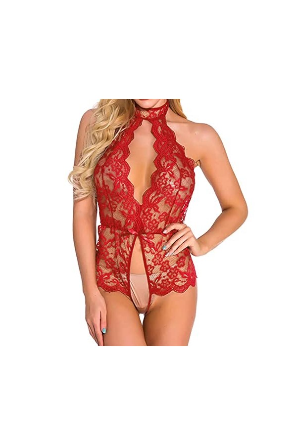 Allegorly Lingerie Sexy Femme Body et Combinaison Dos en Dentelle Décolleté en V Sexy Teddy Lingerie Culotte Ouverte Nuisette