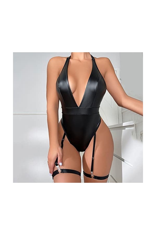 Générique iYmitz Lingerie pour Femmes 1 PC Cuir Teddy Body Lingerie Sexy découpe épaules dénudées Joint PU à Lacets jarretièr