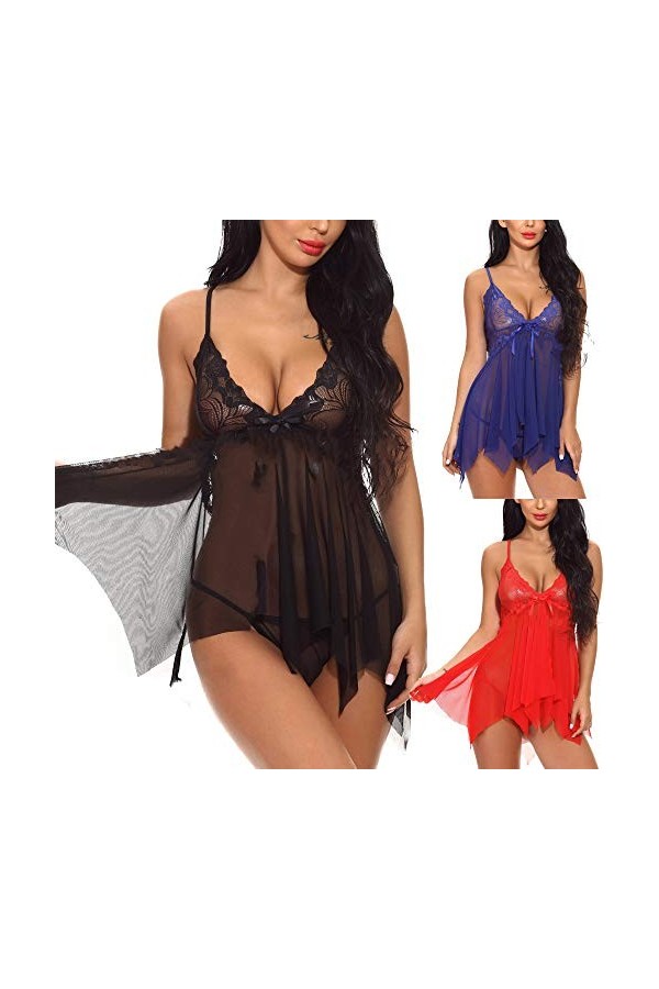 Mode Sexy Bow Dentelle vêtements de Nuit Lingerie Tentation sous-vêtements Chemise de Nuit Collants Et Sexy Red, M 