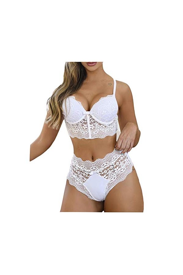 liaddkv Ensemble de lingerie sexy en dentelle pour femme avec nœud papillon sans fil M-3XL, Blanc., XXXL