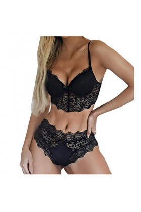 liaddkv Ensemble de lingerie sexy en dentelle pour femme avec nœud papillon sans fil M-3XL, Noir , XXXL