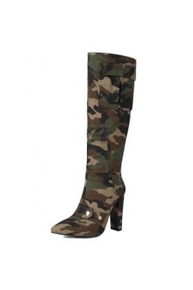 WOkismD 11CM / 4.33IN Bout pointu Lâche Épais Haut Talon Genou-Haute Bottes Camouflage Haute Bottes Manches Poche Grande Tail