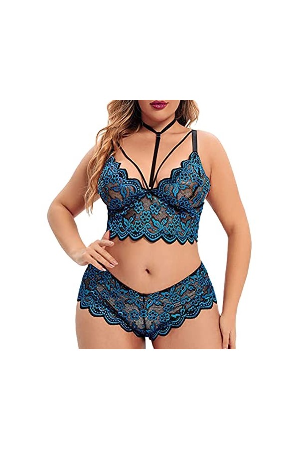 XIUH Ensemble de lingerie 2 pièces grande taille pour femme - Soutien-gorge à lanières et sous-vêtements - Bustier - Bleu - T