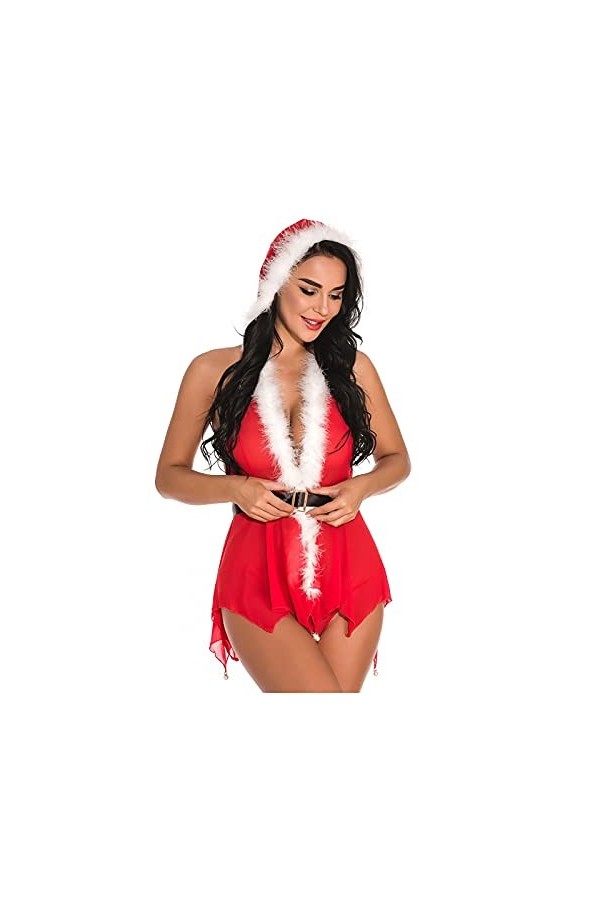 liaddkv Pyjama de Noël sans manches sexy pour femme Sous-vêtements Lingerie Police Costume Lingerie, rouge, XL
