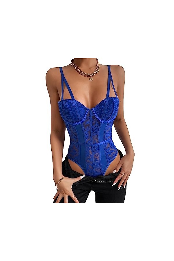 Corset de Lingerie Perspective pour Femme Paire de Cils Tout-en-Un sous-vêtements Pyjama Fleurs Halter Teddy Bretelles sous-v