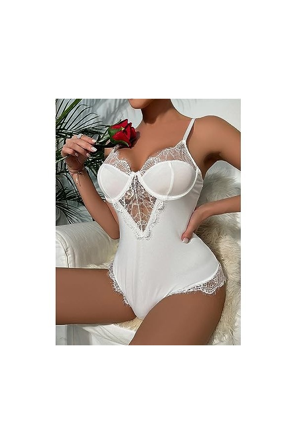 ZDJSWJ Femmes cils dentelle bordure sous-vêtements tout-en-un maille poupée Body léopard nu V-cou body Blanc,S 