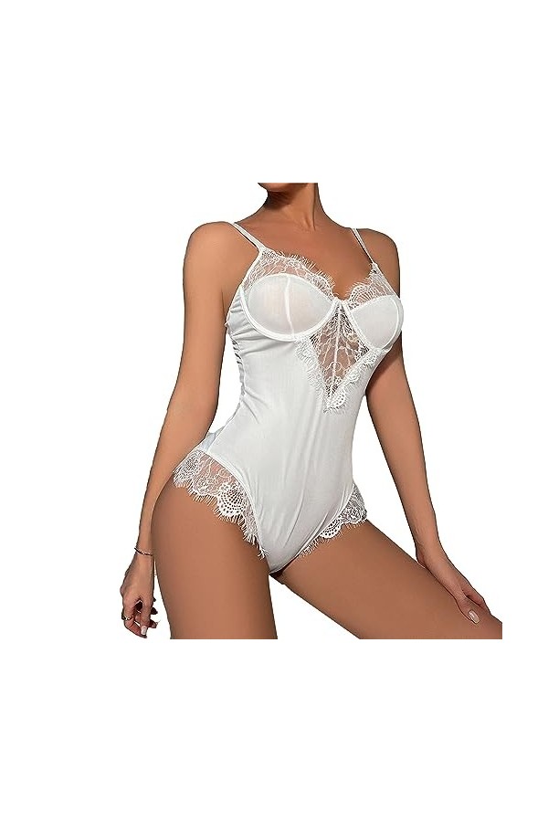 ZDJSWJ sous-vêtements à Lacets pour Femmes Combinaison de poupée en Maille Tout-en-Un Combinaison col V à Dos découvert léopa