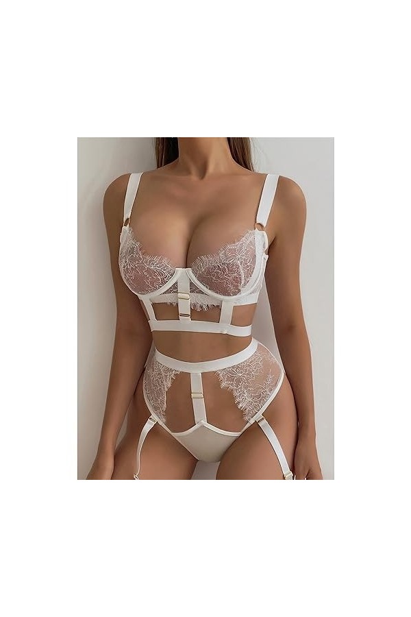 ZDJSWJ Femmes Cils Dentelle sous-vêtements Ensemble Soutien-Gorge Culotte Ceinture Transparente sous-vêtements Lacets Body Li